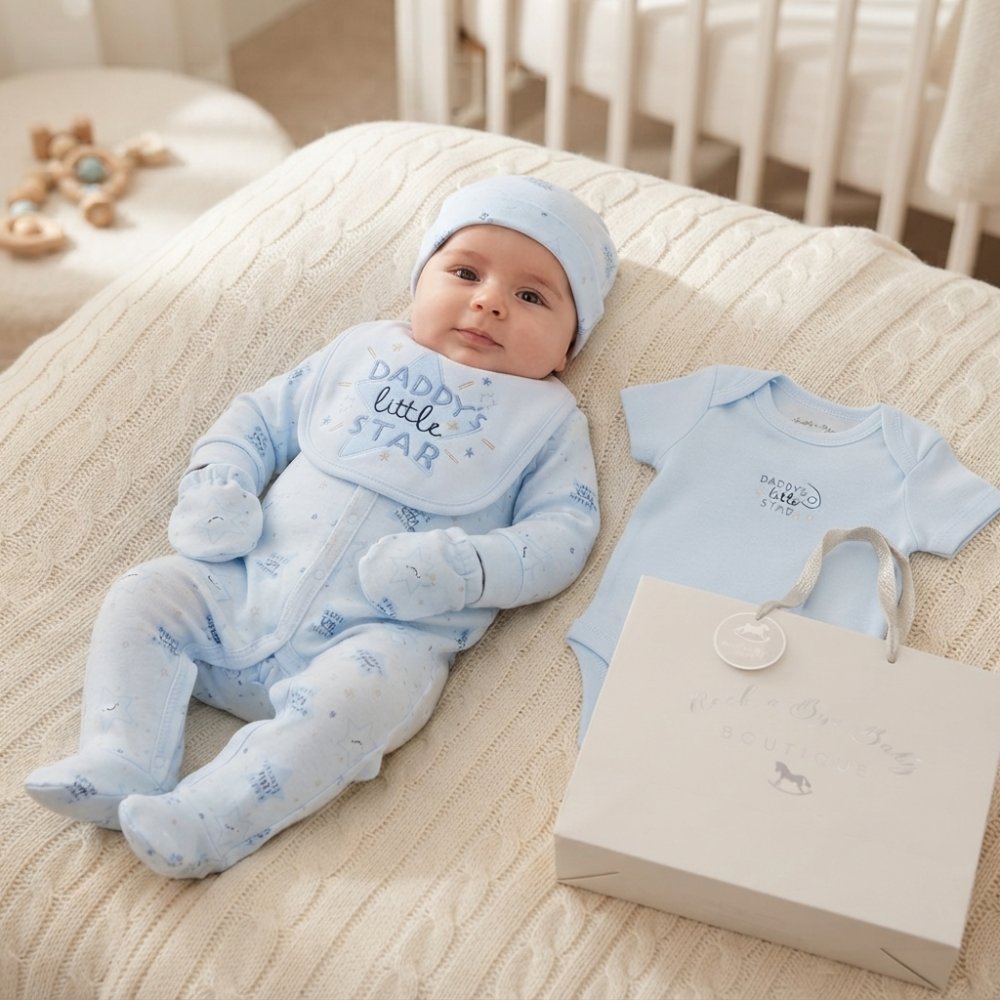 F10689NB: Baby Boys "Daddy's Little Star" 6 Piece Mesh Bag Gift Set (NB-6 Months) F10689NB: Baby Boys "Daddy's Little Star" 6 Piece Mesh Bag Gift Set (NB-6 Months)